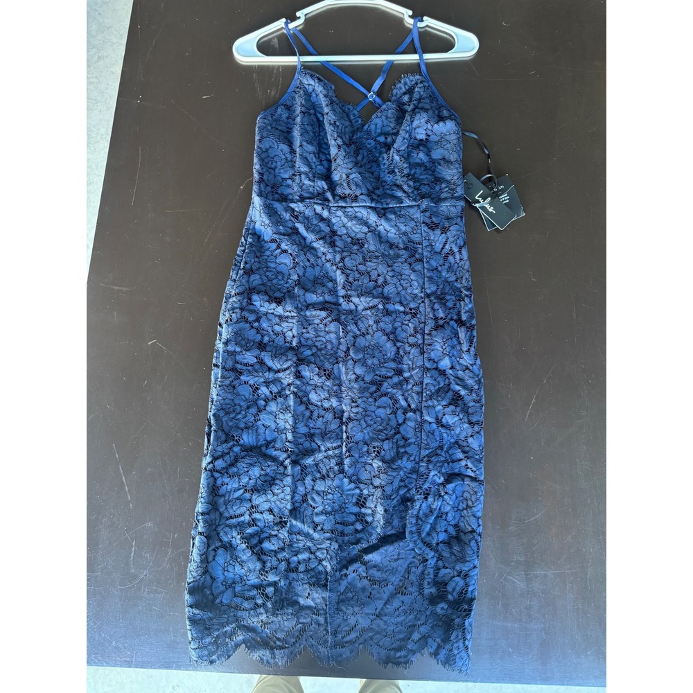 Lulus Navy Blue Floral Lace Midi Dress V-Neck Backless Cocktail Size S NWT